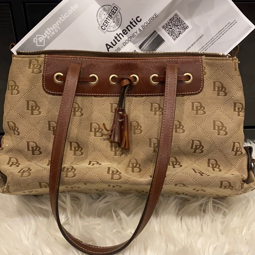 Dooney & Bourke Tan and Brown Logo Tote with Leather Trim